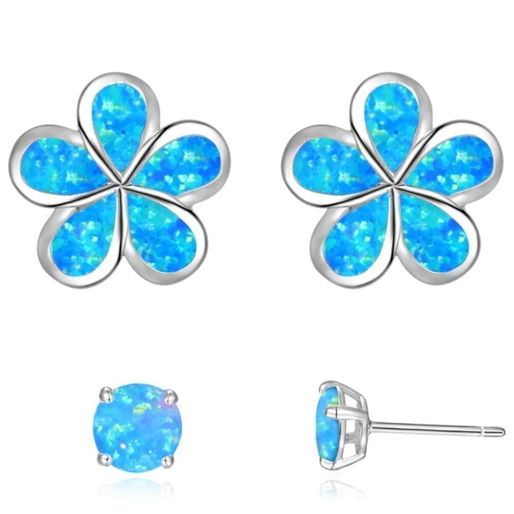 14K White Gold with Genuine Blue Fire Opal Flower Post Stud Earrings Set of 2